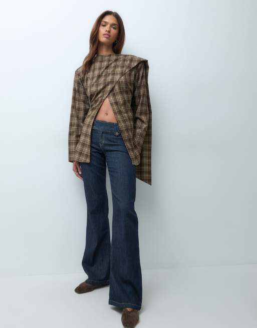 Kaiia cape wrap detail button through tie back detail shirt in brown check, 3 of 4