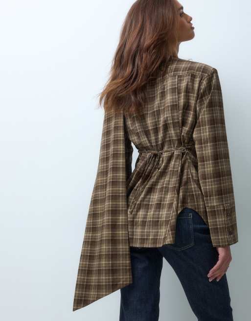 Kaiia cape wrap detail button through tie back detail shirt in brown check, 4 of 4