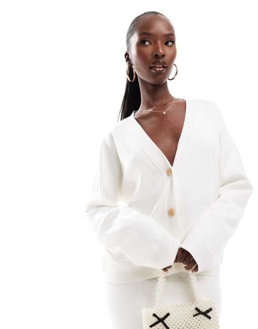 Kaiia - Cardigan écru con scollo a V e tasche in coordinato