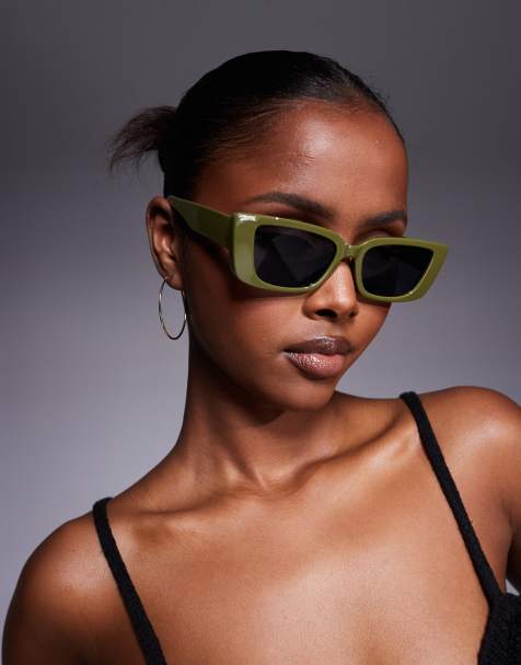 Kaiia cat eye chunky frame sunglasses in olive green - view 1