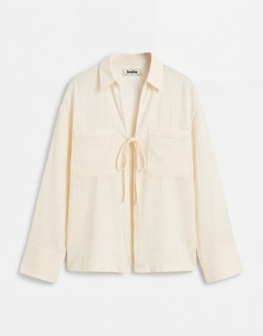 Kaiia - Chemise oversize d'ensemble en coton mélangé avec liens noués devant - Citron clair, 5 de 8
