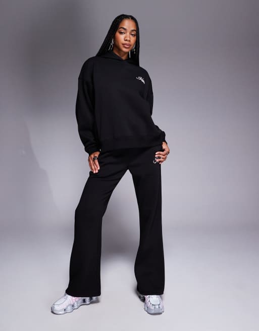 Kaiia cherry bow back print hoodie and wide leg jogger co-ord in black and pink