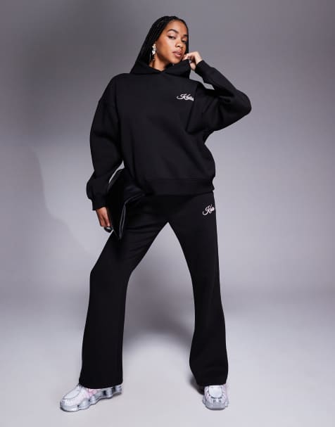Kaiia cherry bow back print hoodie and wide leg trackies set in black and pink - view 1