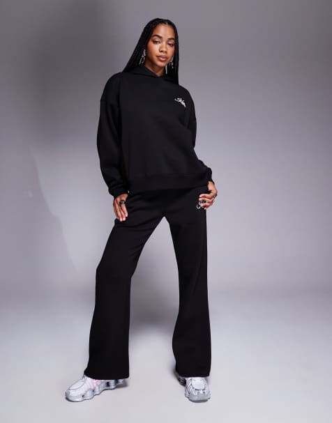 Kaiia cherry bow back print hoodie and wide leg trackies set in black and pink - view 1