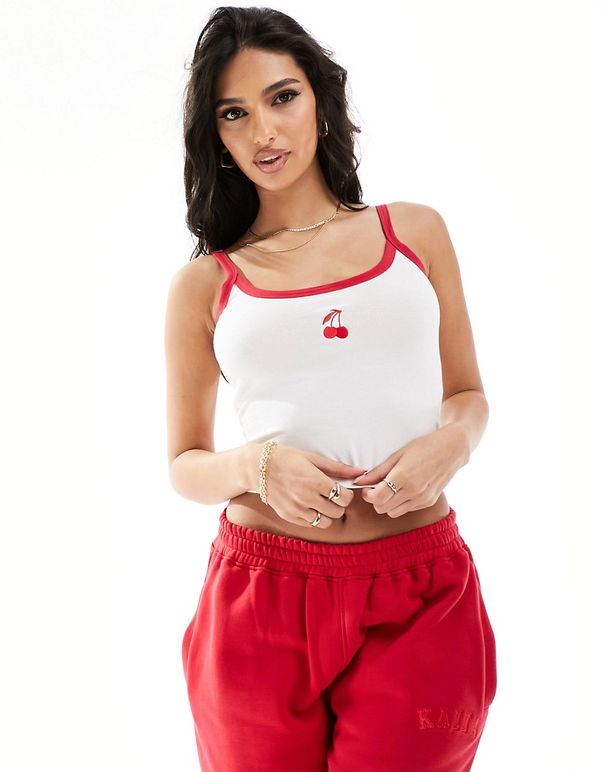 Kaiia cherry embroidered contrast vest top in white and red