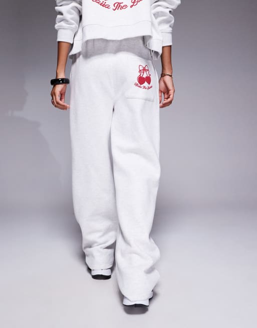 Kaiia cherry print pocket detail wide leg trackies in grey marl and red (Part of a set)