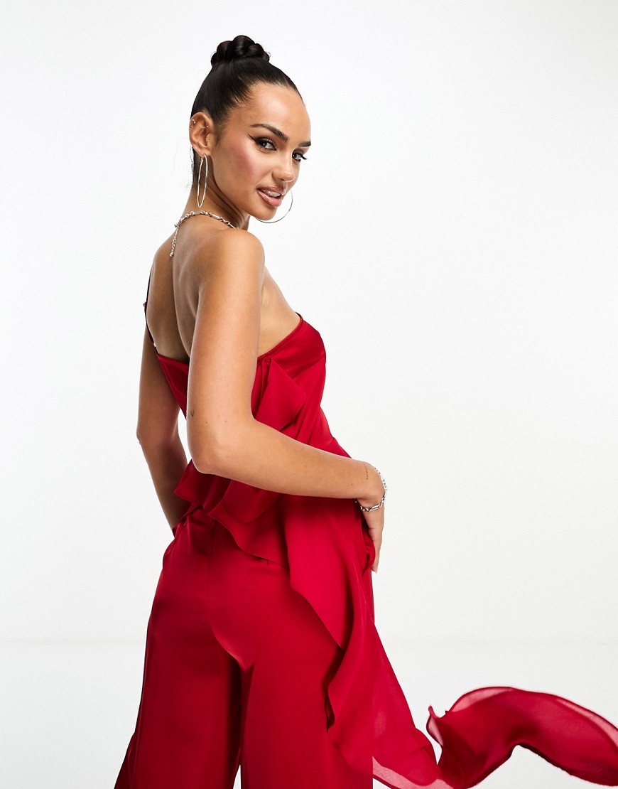 chiffon ruffle draped one shoulder top in red - part of a set