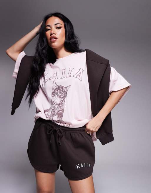 Kaiia – Chokladbruna sweatshorts med broderad logga i bomullsmix, del av set  , 2 av 5