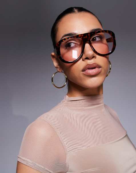 Kaiia chunky clear lens aviator sunglasses in brown tort - view 1