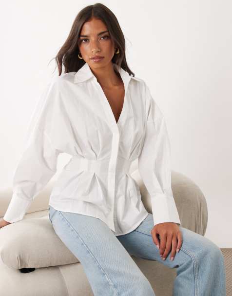 Kaiia cinch waist button through balloon sleeve cotton shirt in white - view 1