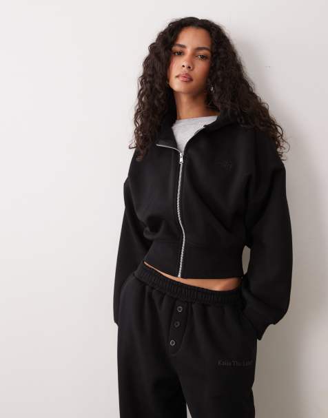 Kaiia cinched waist detail cropped zip through hoodie in black - view 1