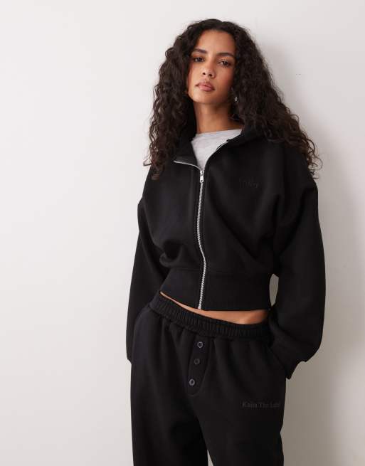 Kaiia cotton rich logo detail button front collared sweatshirt and wide leg joggers co-ord in black, 4 of 4