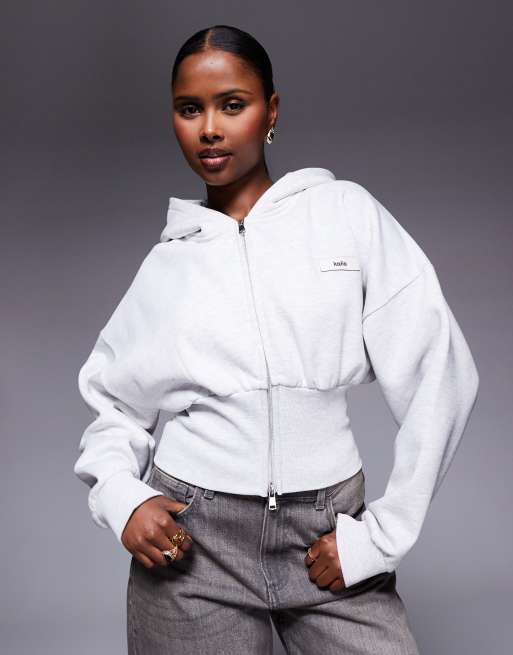 Kaiia cinched waistband dropped shoulders zip up hoodie in light gray