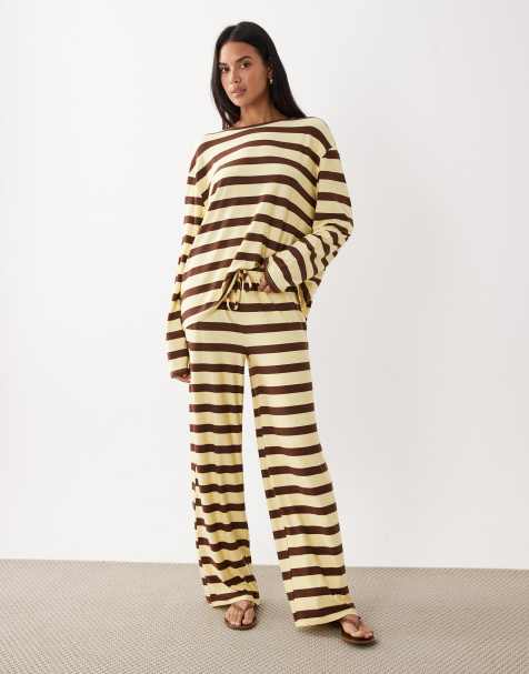 Kaiia – Citrongula och chokladbruna, randiga byxor i supermjuk jersey med dragsko, del av set - view 1