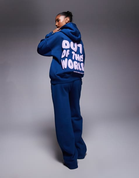 Kaiia - Co-ord set met hoodie met print op de achterkant en joggingbroek met wijde pijpen in kobaltblauw - view 1