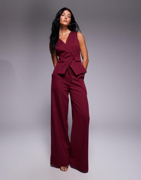 Kaiia - Co-ord set van elegante broek met wijde pijpen en gilet zonder mouwen met knoopsluiting aan de voorkant in bordeauxrood - view 1