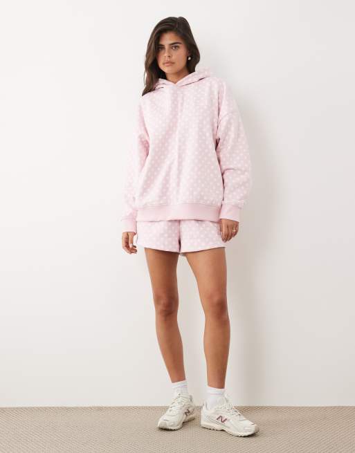 Kaiia - Co-ord set van katoenmix met oversized hoodie met geborduurd logo en sweatshort in babyroze met stippen