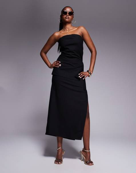 Kaiia - Co-ord set van linnen look bandeau strik aan de zijkant en midaxi rok in zwart - view 1