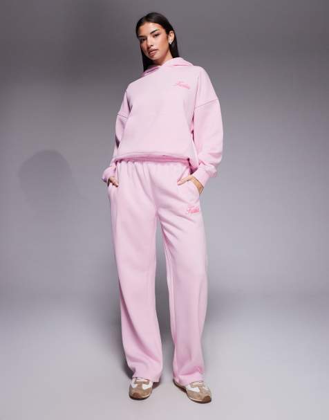 Kaiia - Co-ord set van oversized hoodie met bolle print op de achterkant en joggingbroek met wijde pijpen in babyroze en koraal - view 1