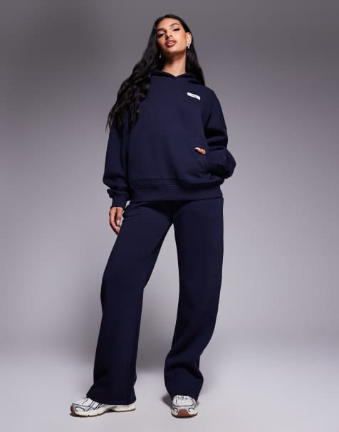 Kaiia - Co-ord set van oversized hoodie met logolabel en joggingbroek met wijde pijpen in donkerblauw - view 1