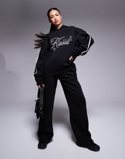 Kaiia - Co-ord set van oversized hoodie met streep op de mouw en joggingbroek met wijde pijpen in zwart en wit - view 1
