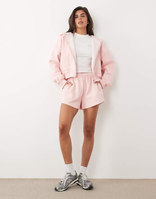 Kaiia - Co-ord set van oversized hoodie van katoenmix met rits en zilverkleurig hardware-logo en short in roze