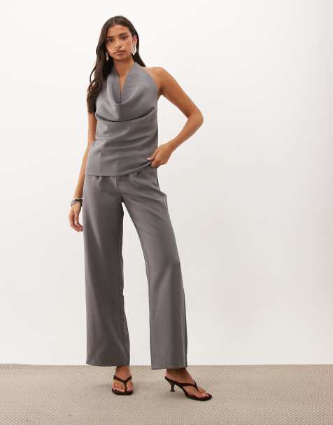 Kaiia - Colección exclusiva - Conjunto gris carbón de pantalones y top con espalda descubierta y cuello halter desbocado desmesurado - view 1