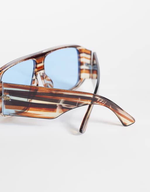 Kaiia - Colección exclusiva - Gafas marrones a rayas gruesas de estilo aviador con lentes azules, 2 de 3