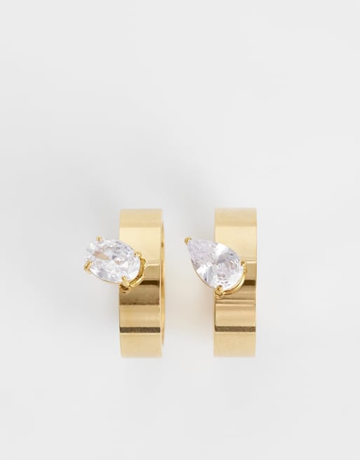 Kaiia - Colección exclusiva - Pack de 2 anillos dorados gruesos apilables con gemas en la parte delantera, 3 de 3