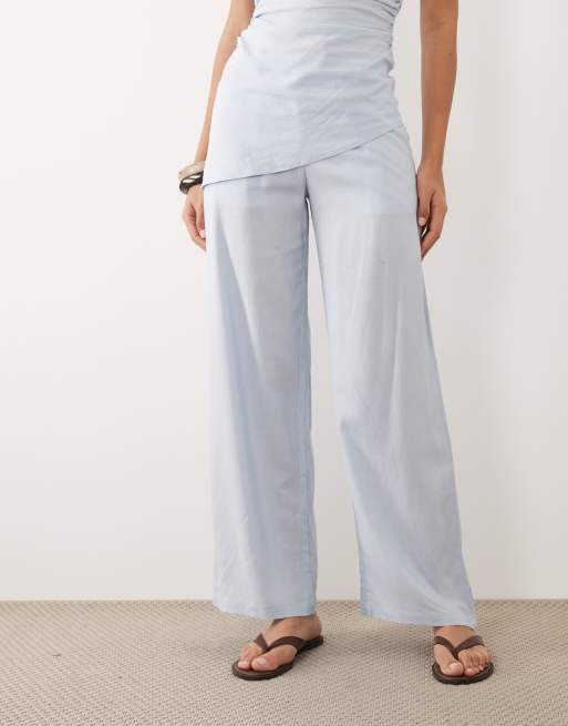 Kaiia - Colección exclusiva - Pantalones azul claro de pernera ancha de mezcla de lino (parte de un conjunto), 2 de 5