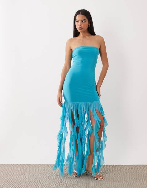 Kaiia - Colección exclusiva - Vestido largo azul turquesa con escote palabra de honor y bajo de volantes de malla texturizada - view 1