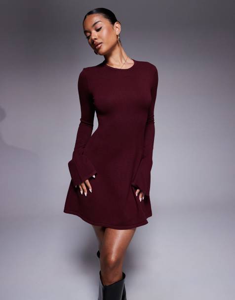 Kaiia compact knit flared sleeve mini skater dress in burgundy - view 1
