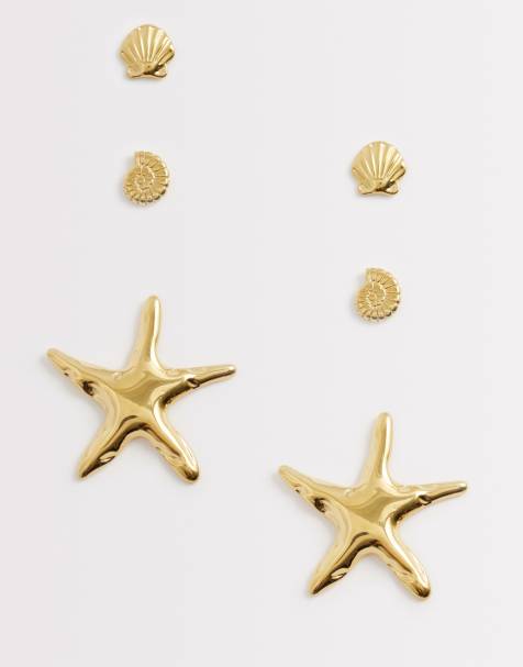 Kaiia - Confezione da 3 paia di orecchini a bottone in acciaio inossidabile tonalità oro con stelle marine e conchiglie - view 1