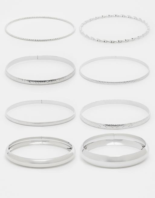 Kaiia - Confezione da 7 bracciali rigidi misti in acciaio inossidabile color argento