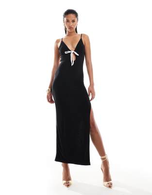 contrast bow detail strappy back cami maxi dress in black