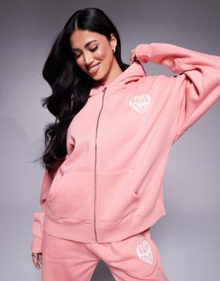 contrast heart logo oversized zip through hoodie in peach - part of a set-Orange