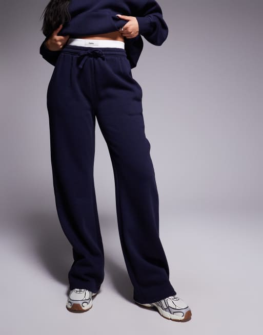 Kaiia contrast logo waistband wide leg sweatpants in navy - part of a set