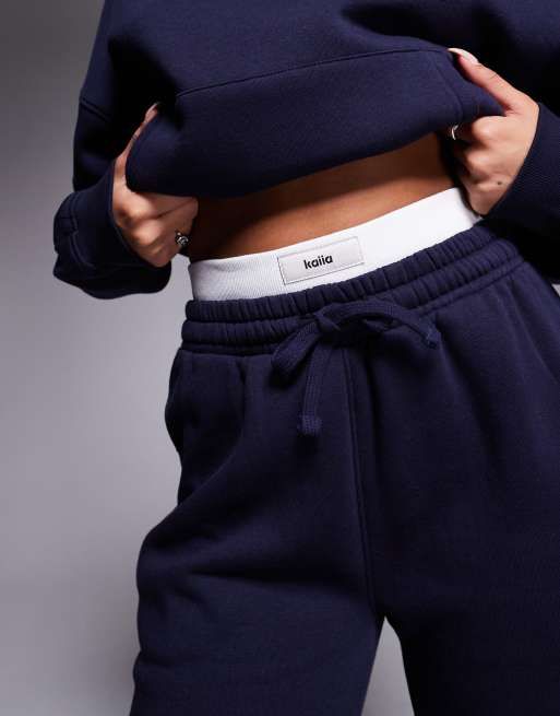 Kaiia contrast logo waistband wide leg sweatpants in navy - part of a set
