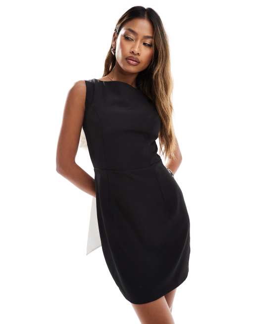 Kaiia contrast oversized bow tie back mini dress in black ASOS