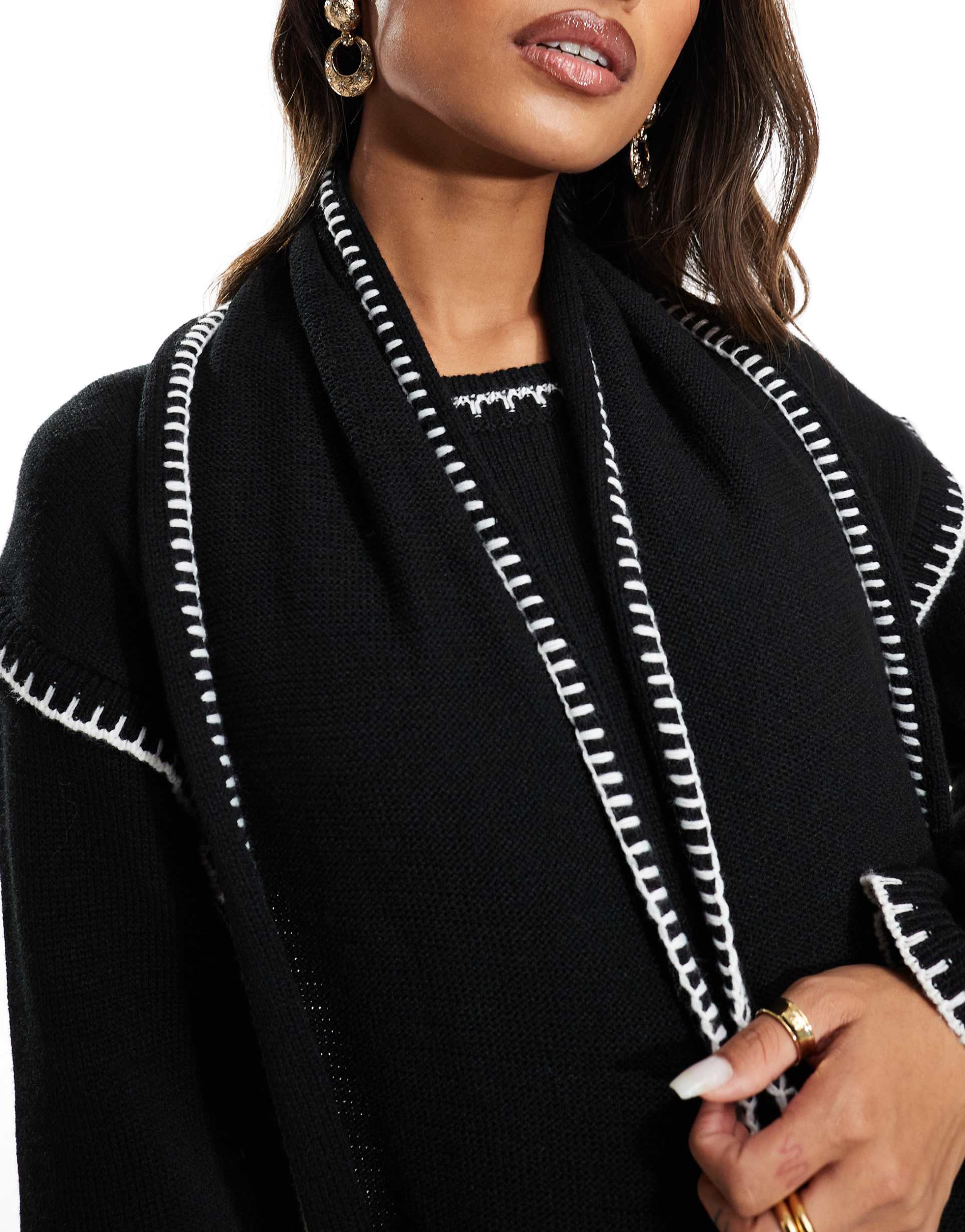 kaiia contrast stitch scarf detail maxi sweater dress in black