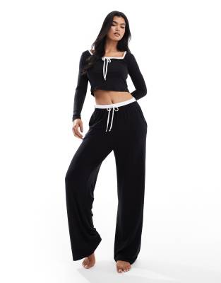 contrast tie waist wide leg pajama bottoms in black - part of a set