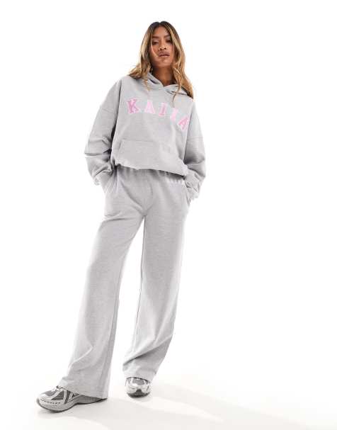 Kaiia contrast waistband drawstring wide leg joggers co-ord in light grey - view 1