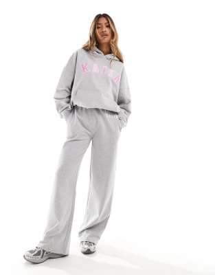 Kaiia Contrast Waistband Drawstring Wide Leg Sweatpants In Light Gray - Part Of A Set