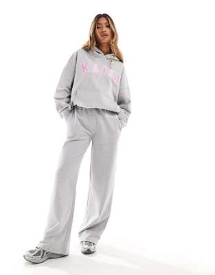 contrast waistband drawstring wide leg sweatpants in light gray - part of a set