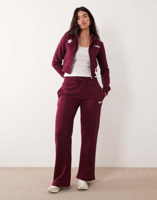 Kaiia - Coordinato bordeaux e rosa con felpa corta con cappuccio, logo a stella e chiusura con zip e joggers a fondo ampio