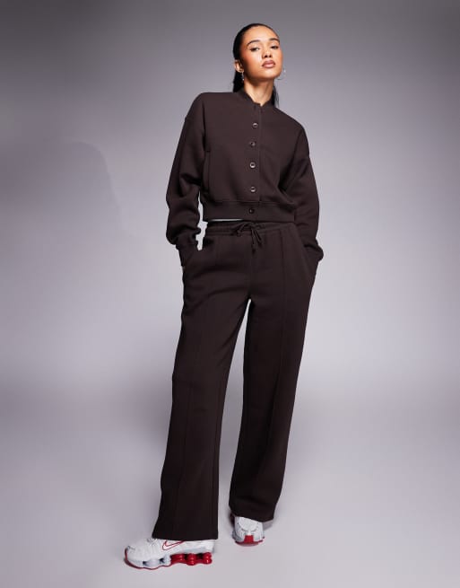 Kaiia - Coordinato elegante color cioccolato con cardigan felpato con bottoni e joggers con fondo ampio e fascia in vita doppia