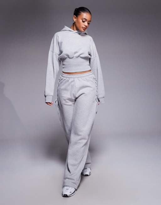 Kaiia - Coordinato grigio medio con felpa con cappuccio con vita stretta stile corsetto e joggers a fondo ampio con allacciatura laterale
