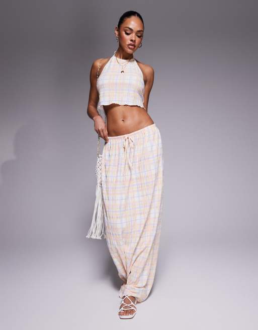 Kaiia - Coordinato multicolore a quadri con crop top allacciato al collo e gonna lunga