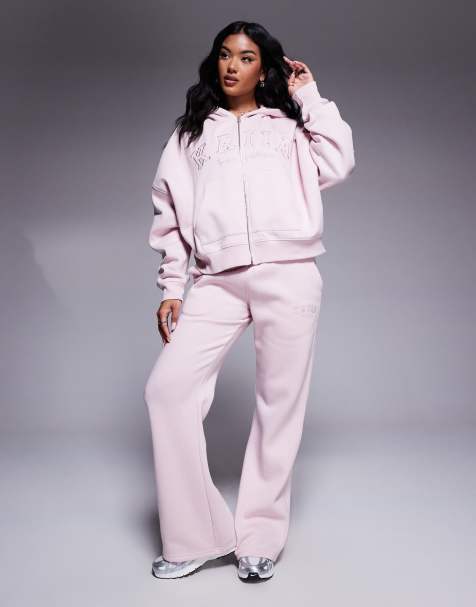 Kaiia - Coordinato rosa composto da felpa con cappuccio, zip e logo ricamato e joggers a fondo ampio - view 1
