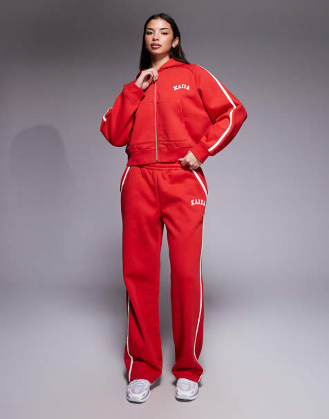 Kaiia - Coordinato rosso in misto cotone con logo ricamato composto da felpa con cappuccio e zip con righe laterali e joggers a fondo ampio - view 1